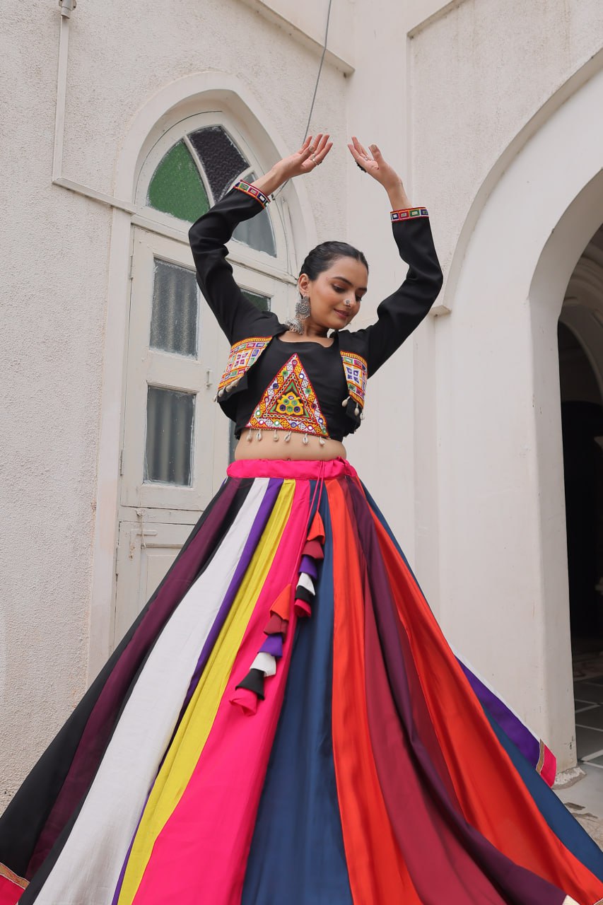 Black Multicolor Attractive Colour Combination Roman Fabrics Lace Work Navratri Lehenga Choli
