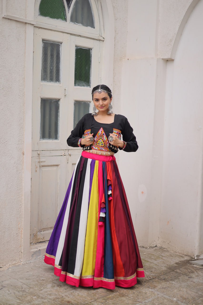 Black Multicolor Attractive Colour Combination Roman Fabrics Lace Work Navratri Lehenga Choli