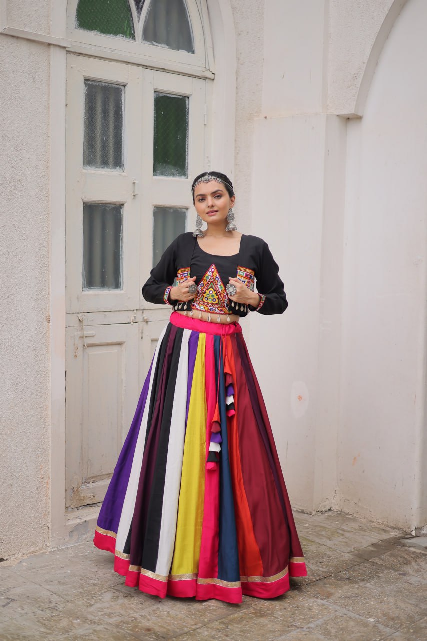 Black Multicolor Attractive Colour Combination Roman Fabrics Lace Work Navratri Lehenga Choli
