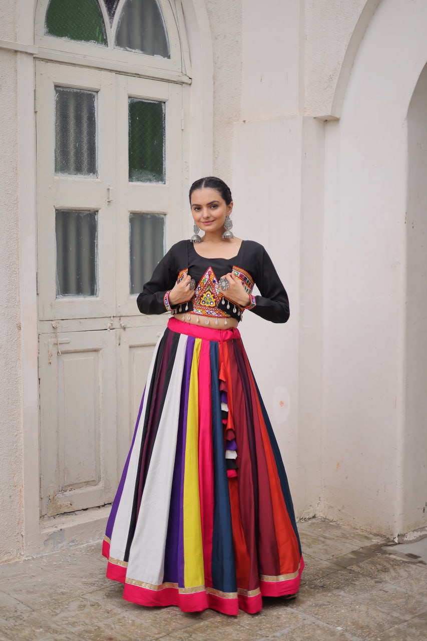 Black Multicolor Attractive Colour Combination Roman Fabrics Lace Work Navratri Lehenga Choli