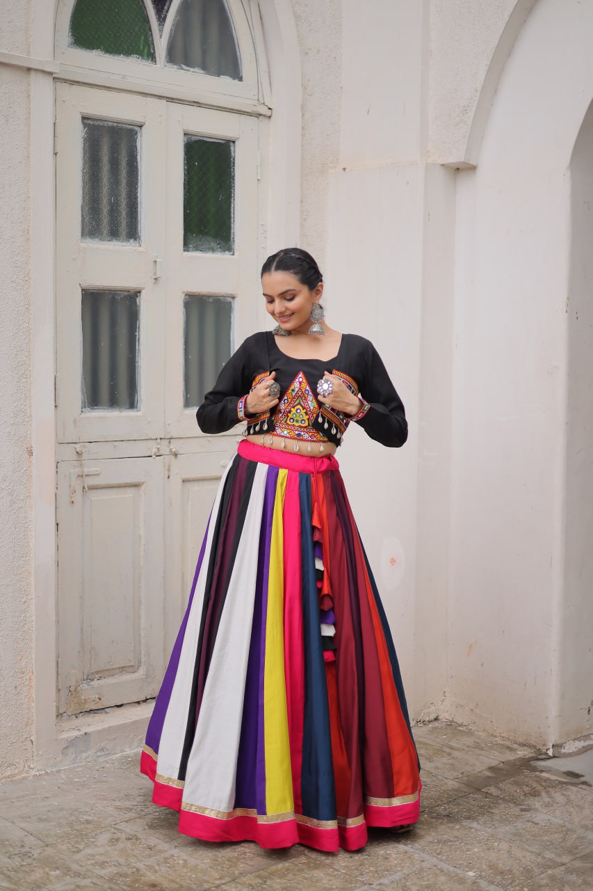 Black Multicolor Attractive Colour Combination Roman Fabrics Lace Work Navratri Lehenga Choli