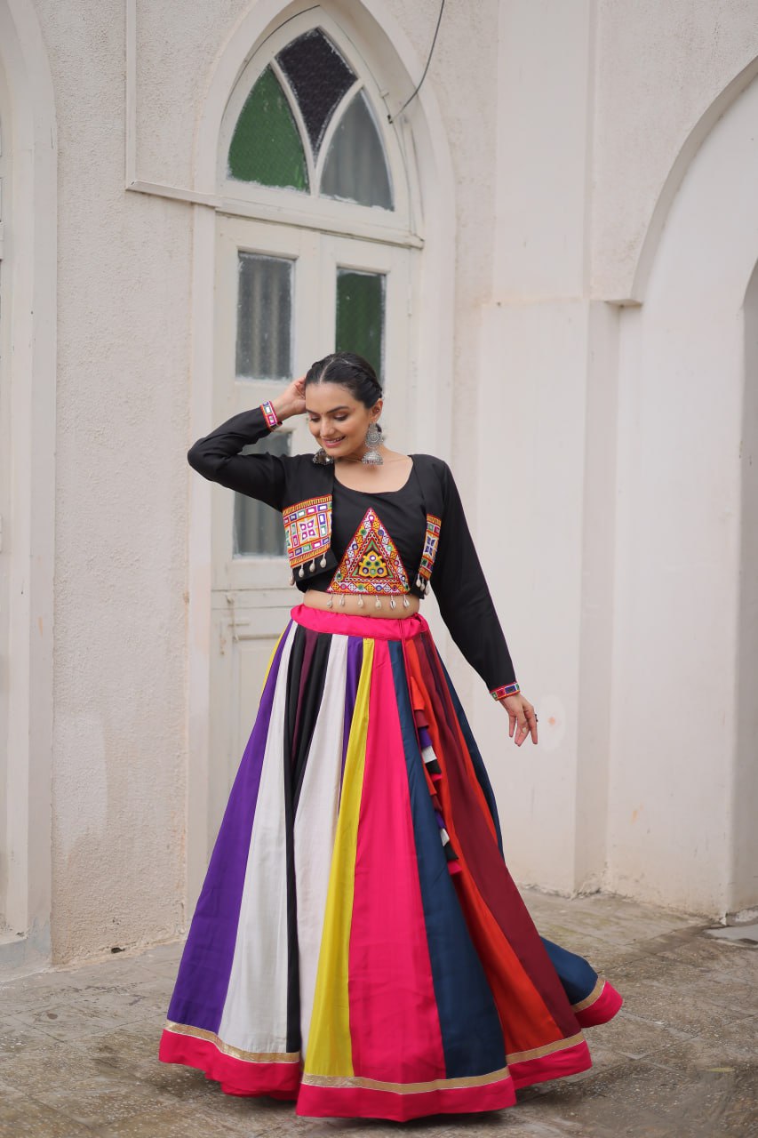 Black Multicolor Attractive Colour Combination Roman Fabrics Lace Work Navratri Lehenga Choli