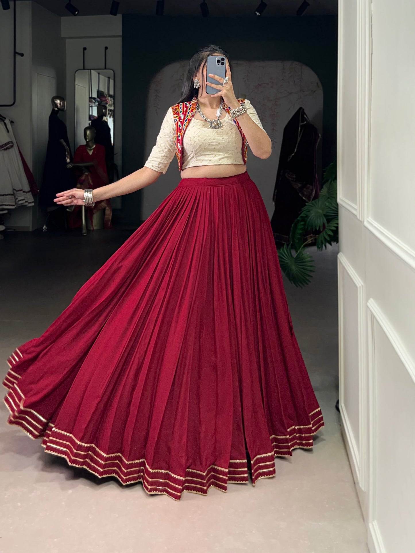 Maroon Pure Rayon Gotta Patti Lace Work Stitched Navratri Lehenga Choli