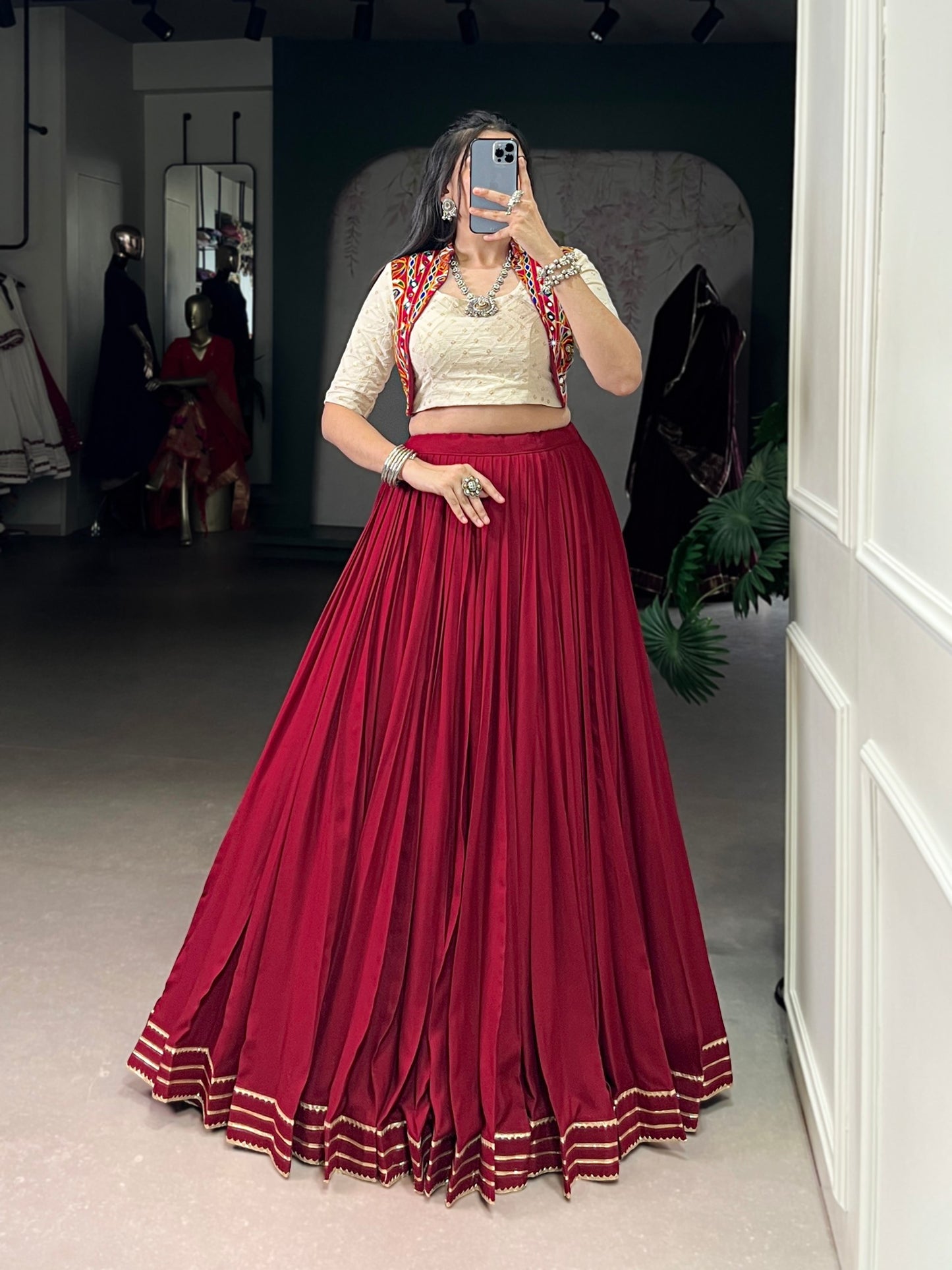 Maroon Pure Rayon Gotta Patti Lace Work Stitched Navratri Lehenga Choli