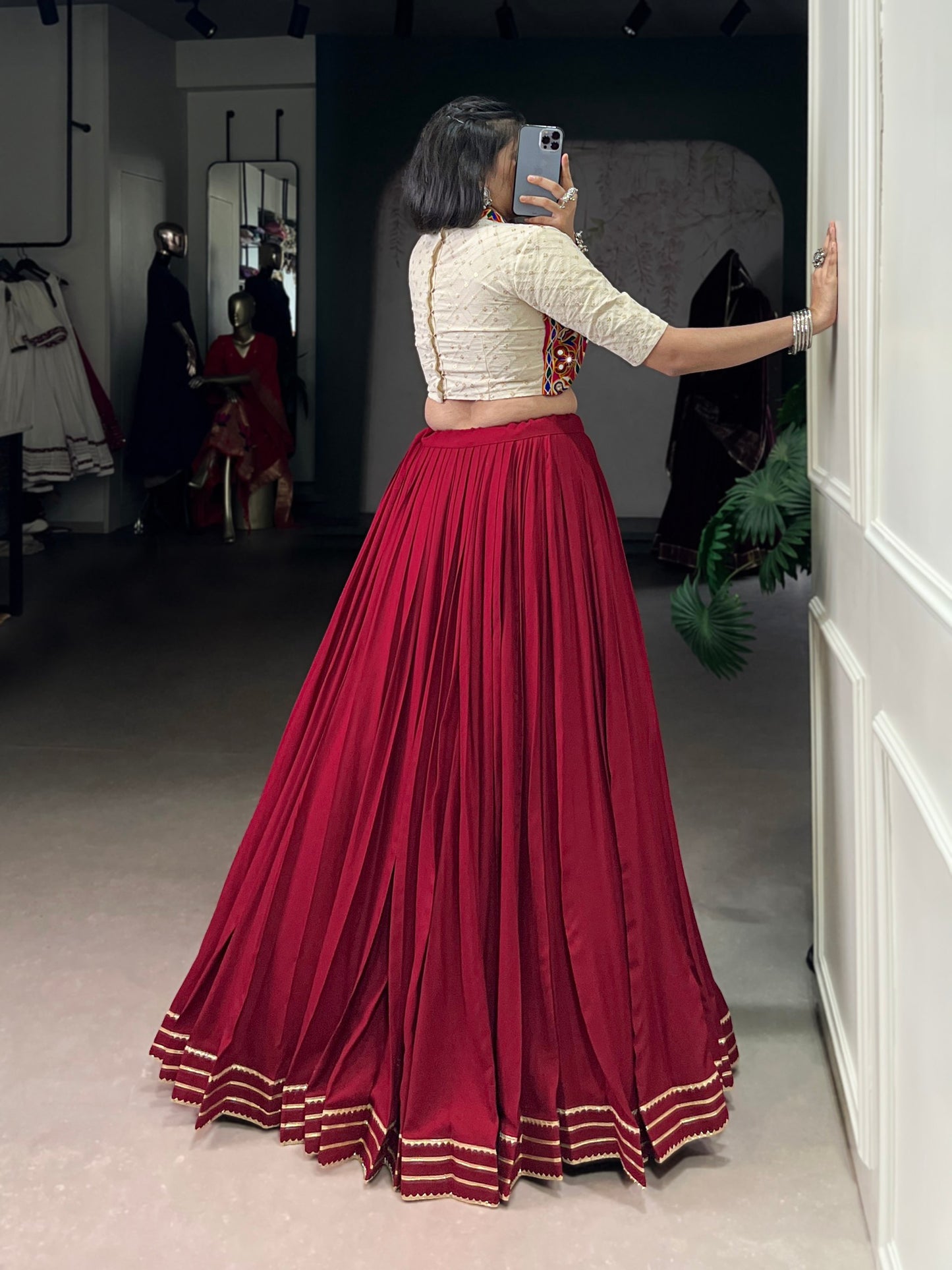 Maroon Pure Rayon Gotta Patti Lace Work Stitched Navratri Lehenga Choli