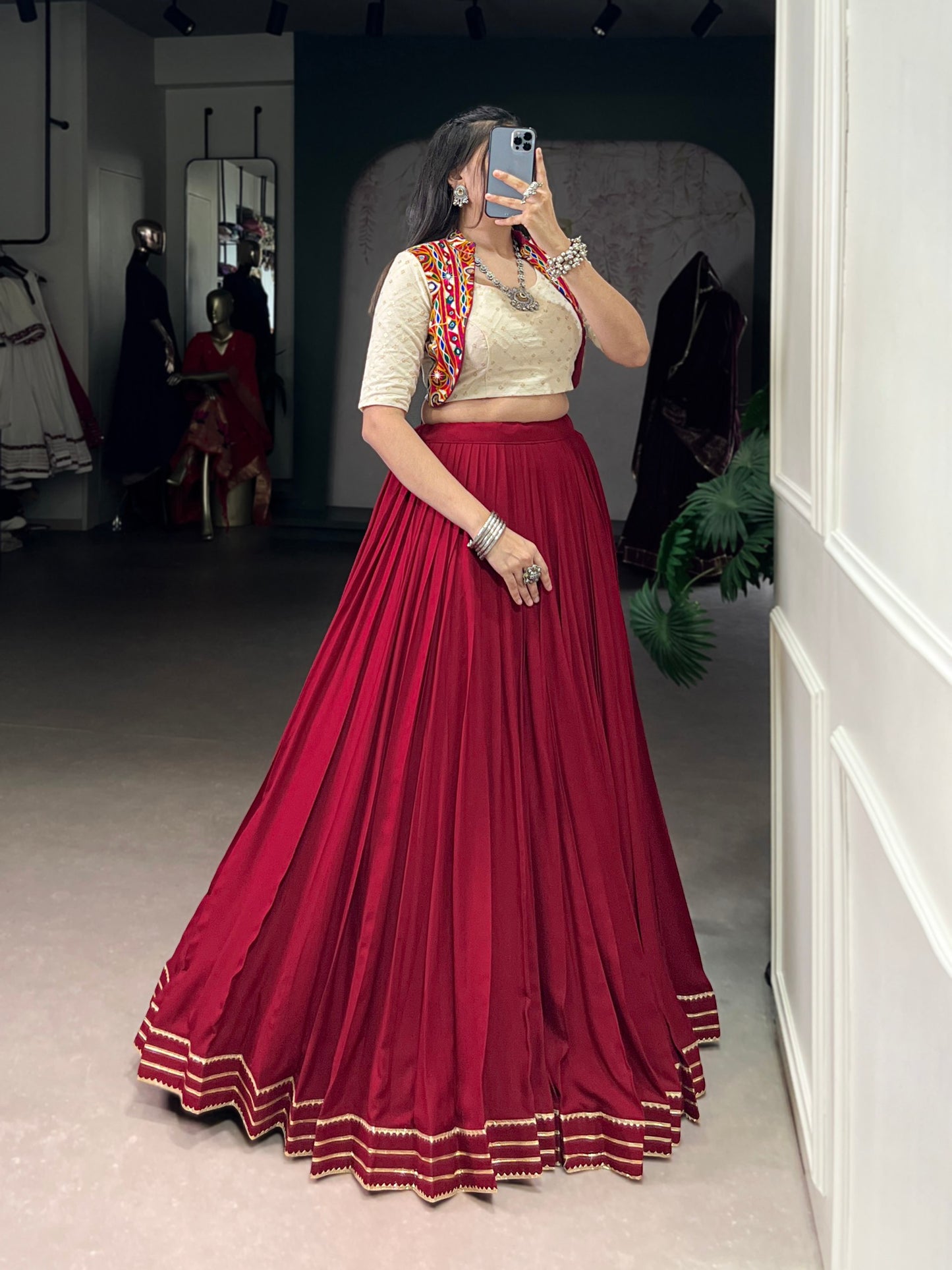 Maroon Pure Rayon Gotta Patti Lace Work Stitched Navratri Lehenga Choli