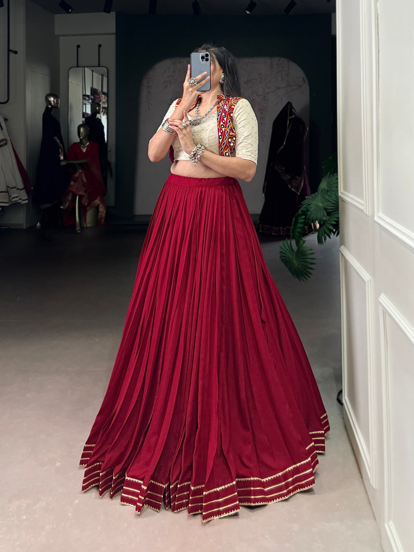 Maroon Pure Rayon Gotta Patti Lace Work Stitched Navratri Lehenga Choli