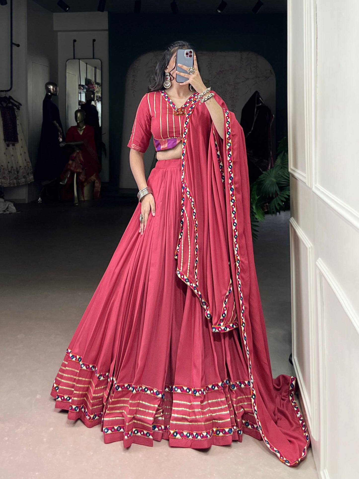 Deep Pink Pure Rayon Original Mirror Gamthi Work Stitched Navratri Lehenga Choli
