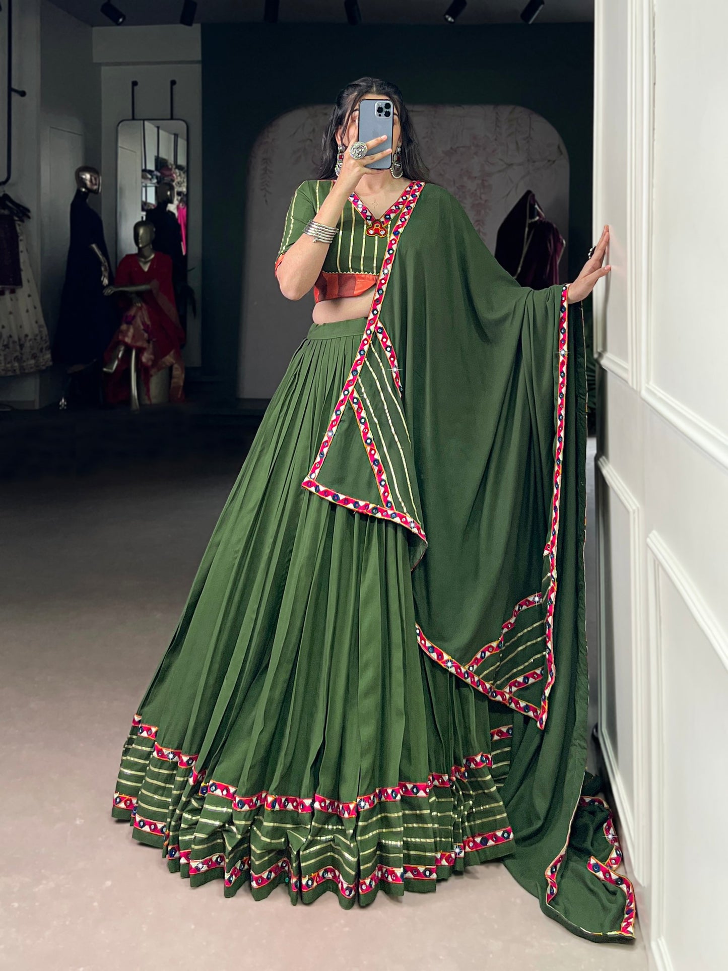 Mehendi Pure Rayon Original Mirror Gamthi Work Stitched Navratri Lehenga Choli