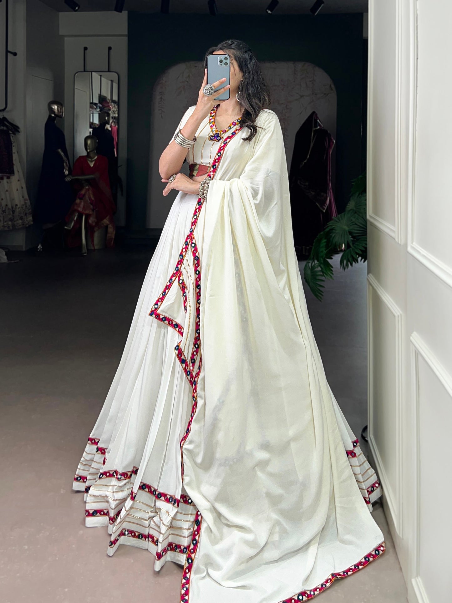 White Pure Rayon Original Mirror Gamthi Work Stitched Navratri Lehenga Choli