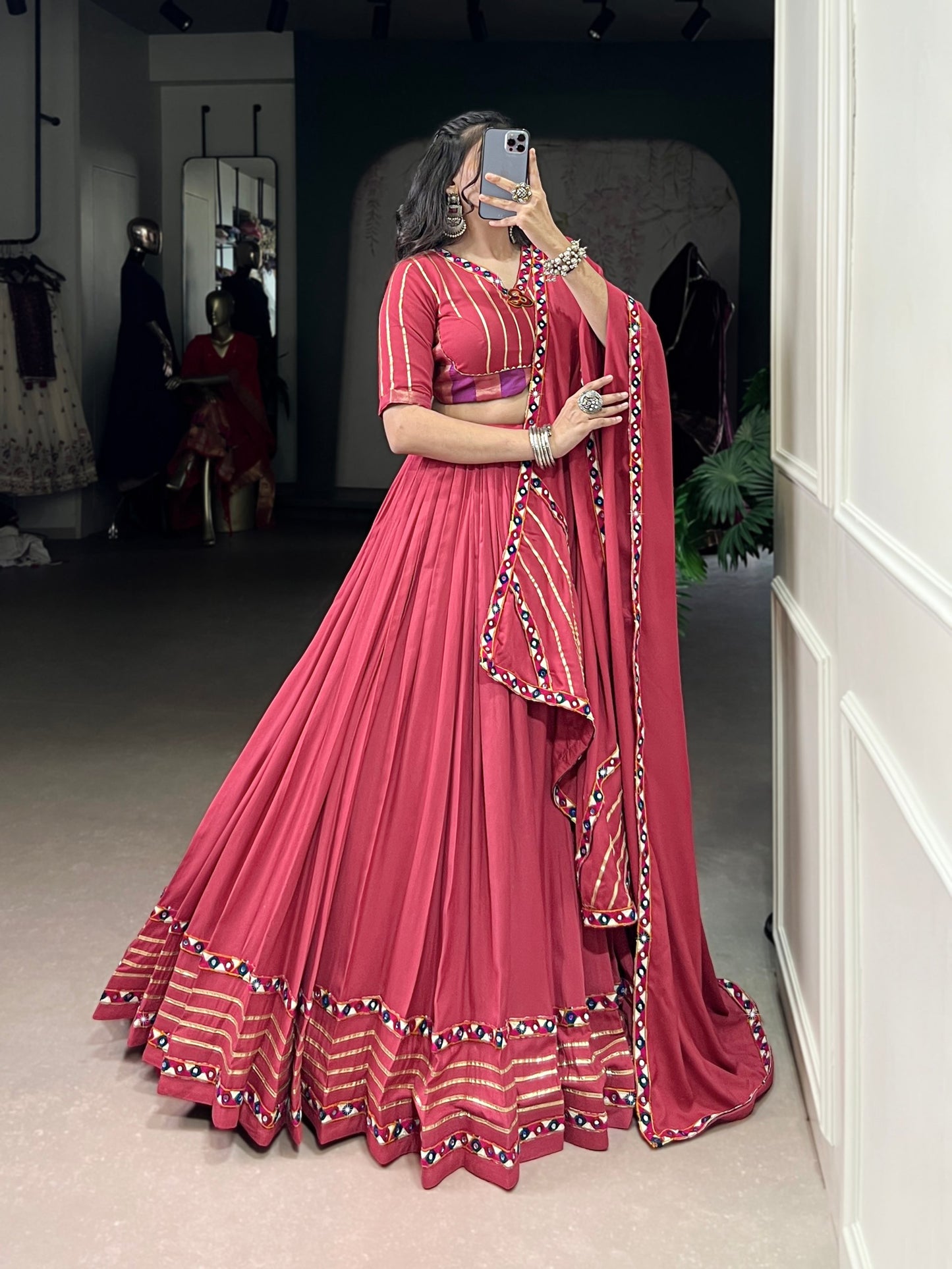 Deep Pink Pure Rayon Original Mirror Gamthi Work Stitched Navratri Lehenga Choli
