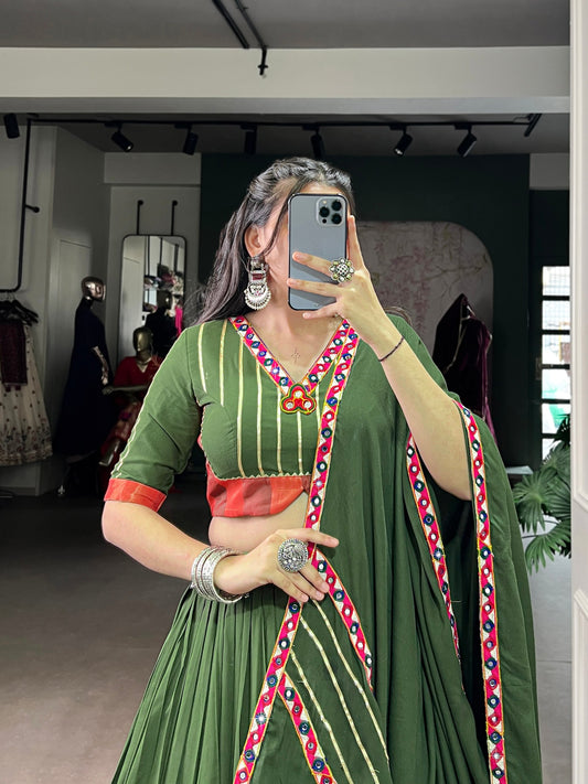 Mehendi Pure Rayon Original Mirror Gamthi Work Stitched Navratri Lehenga Choli