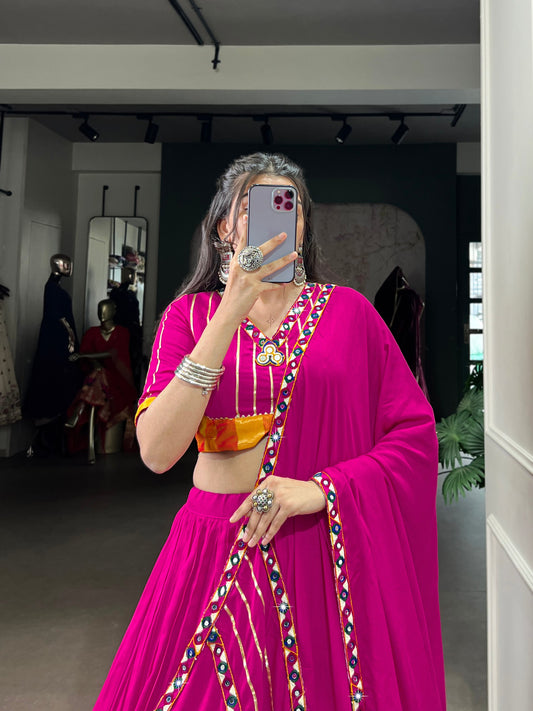 Pink Pure Rayon Original Mirror Gamthi Work Stitched Navratri Lehenga Choli