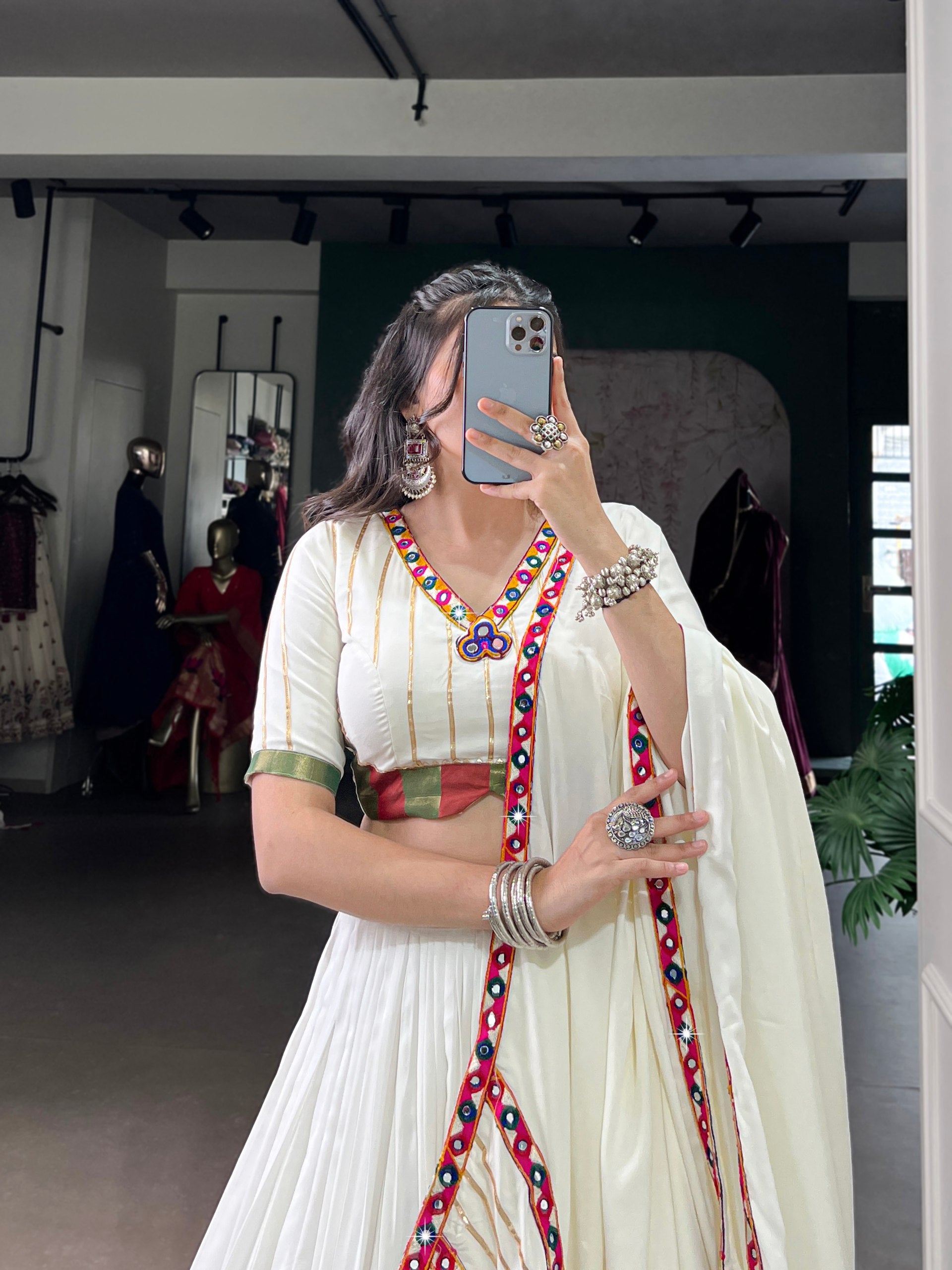 White Pure Rayon Original Mirror Gamthi Work Stitched Navratri Lehenga Choli
