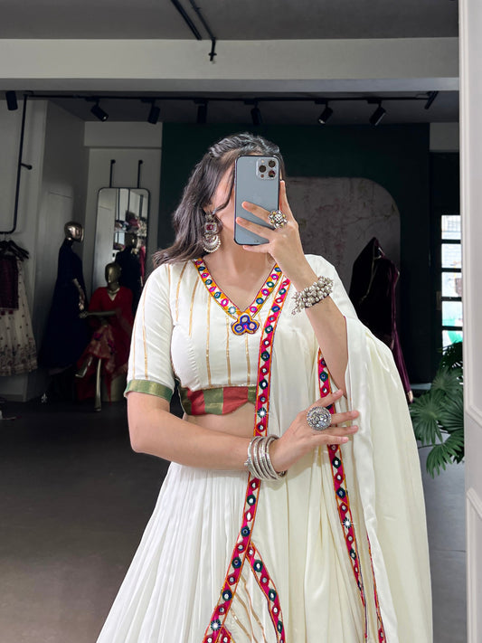 White Pure Rayon Original Mirror Gamthi Work Stitched Navratri Lehenga Choli