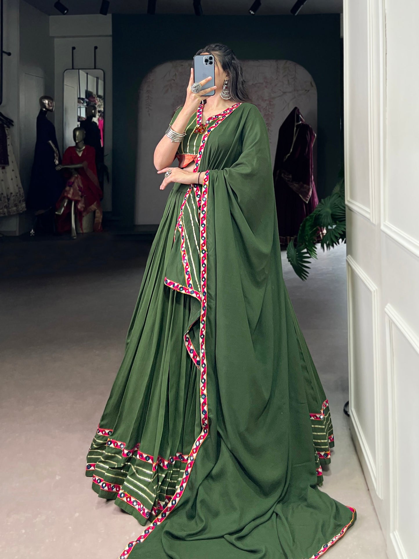 Mehendi Pure Rayon Original Mirror Gamthi Work Stitched Navratri Lehenga Choli