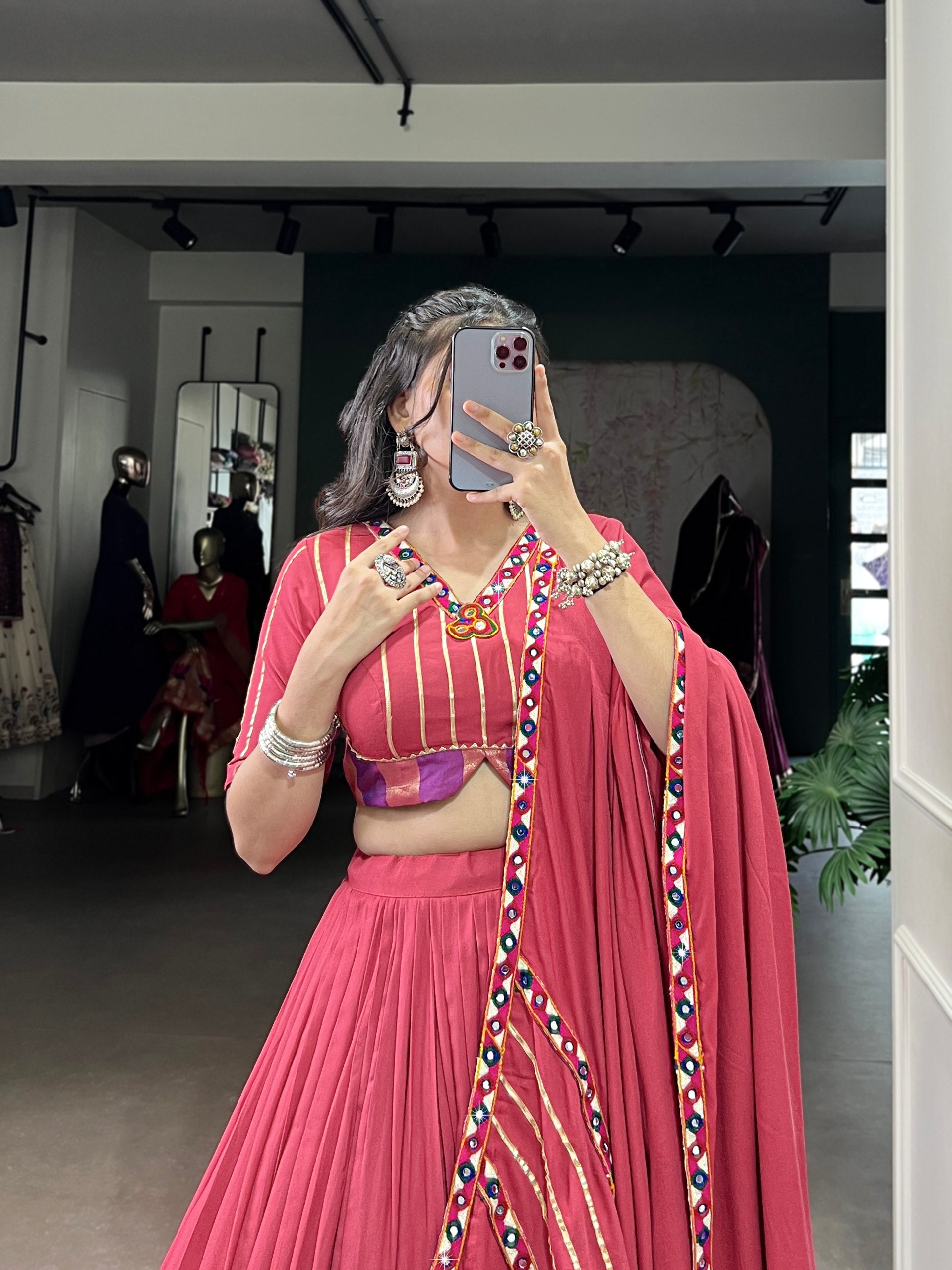 Deep Pink Pure Rayon Original Mirror Gamthi Work Stitched Navratri Lehenga Choli