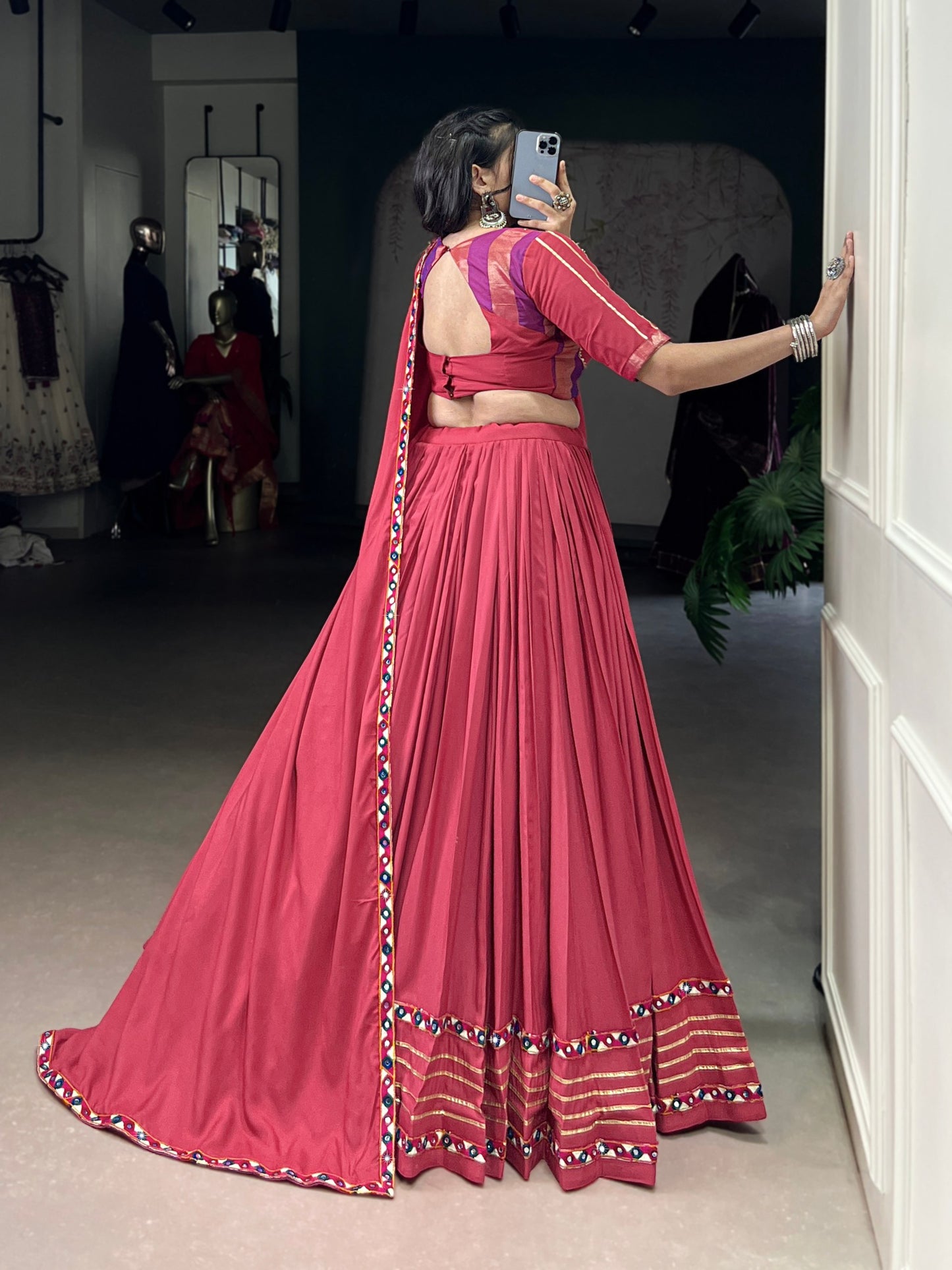 Deep Pink Pure Rayon Original Mirror Gamthi Work Stitched Navratri Lehenga Choli