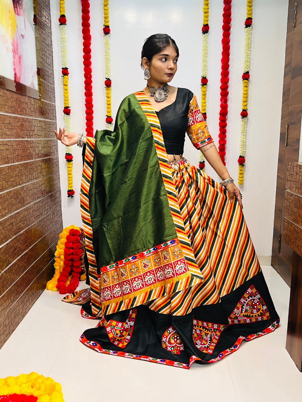 Yellow Milticolor Pure Cotton Silk Gamthi Work Butta Lace Work Navratri Lehenga Choli