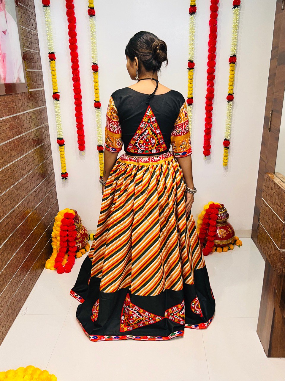 Yellow Milticolor Pure Cotton Silk Gamthi Work Butta Lace Work Navratri Lehenga Choli