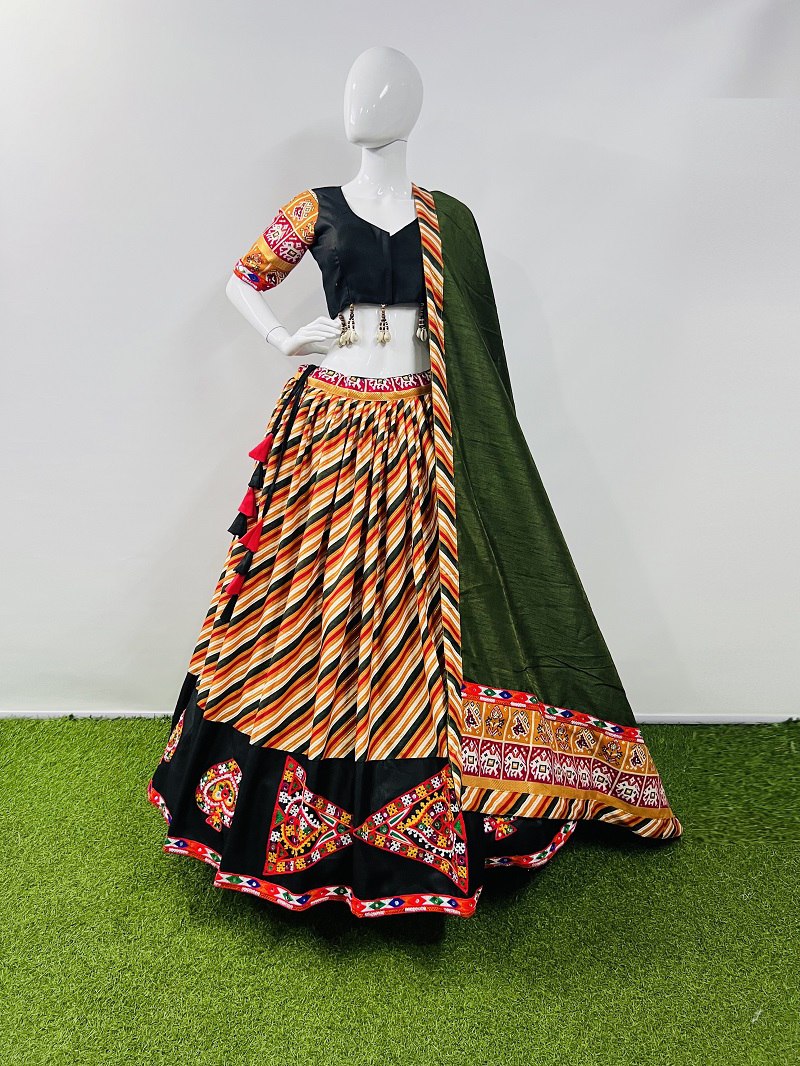 Yellow Milticolor Pure Cotton Silk Gamthi Work Butta Lace Work Navratri Lehenga Choli