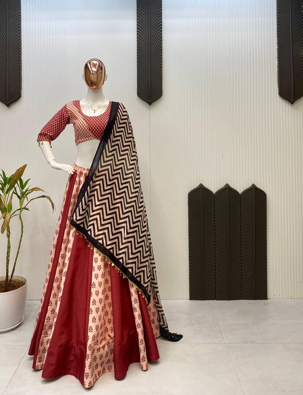 Maroon Reyon Full Stitched Navratri Lehenga Choli