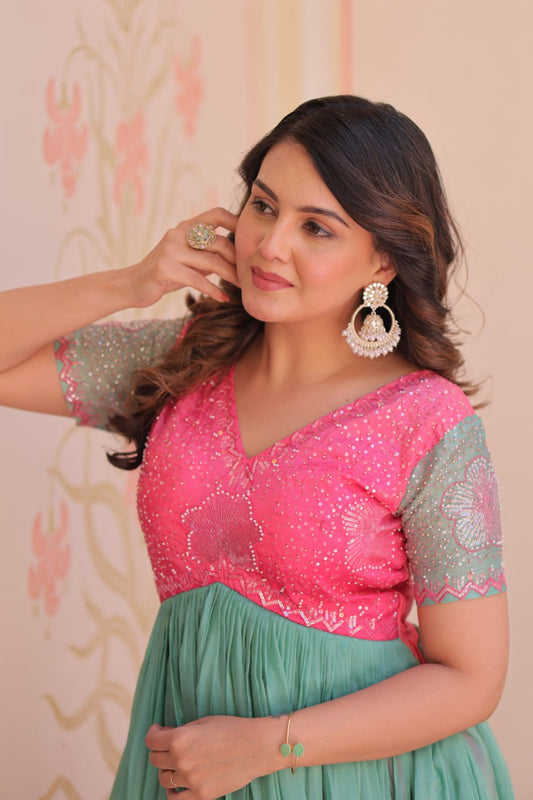 Pink Gold Crush Padding With Beads Embroidered Work Gown