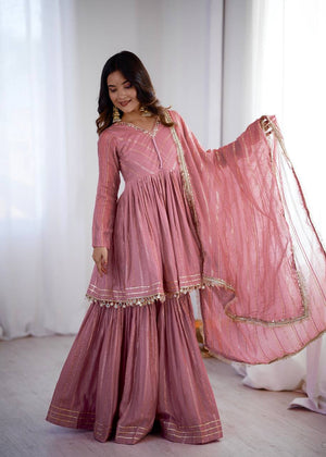 Dusty Rose Chanderi Silk Sharara Set with Real Mirror and Handwork by The Beauty Queen Surat
