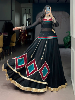Indo-fusion garba dress black with diamond patch and cowrie embellishments