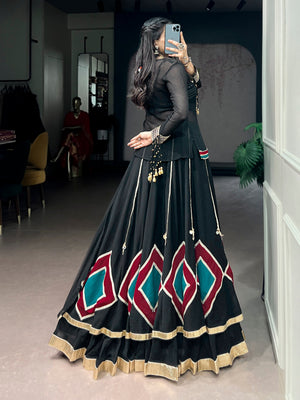 Designer chaniya choli with cowrie bell sleeves and decorative belt