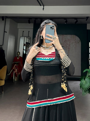 Garba lehenga black with red teal diamond motifs and gold lace