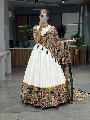 White and green Navratri lehenga choli rayon cotton printed patch border