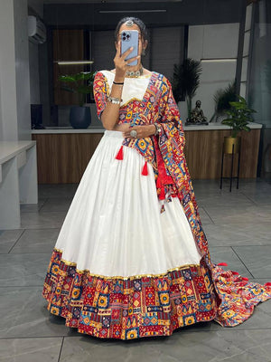 White Navratri lehenga choli rayon cotton printed patch border