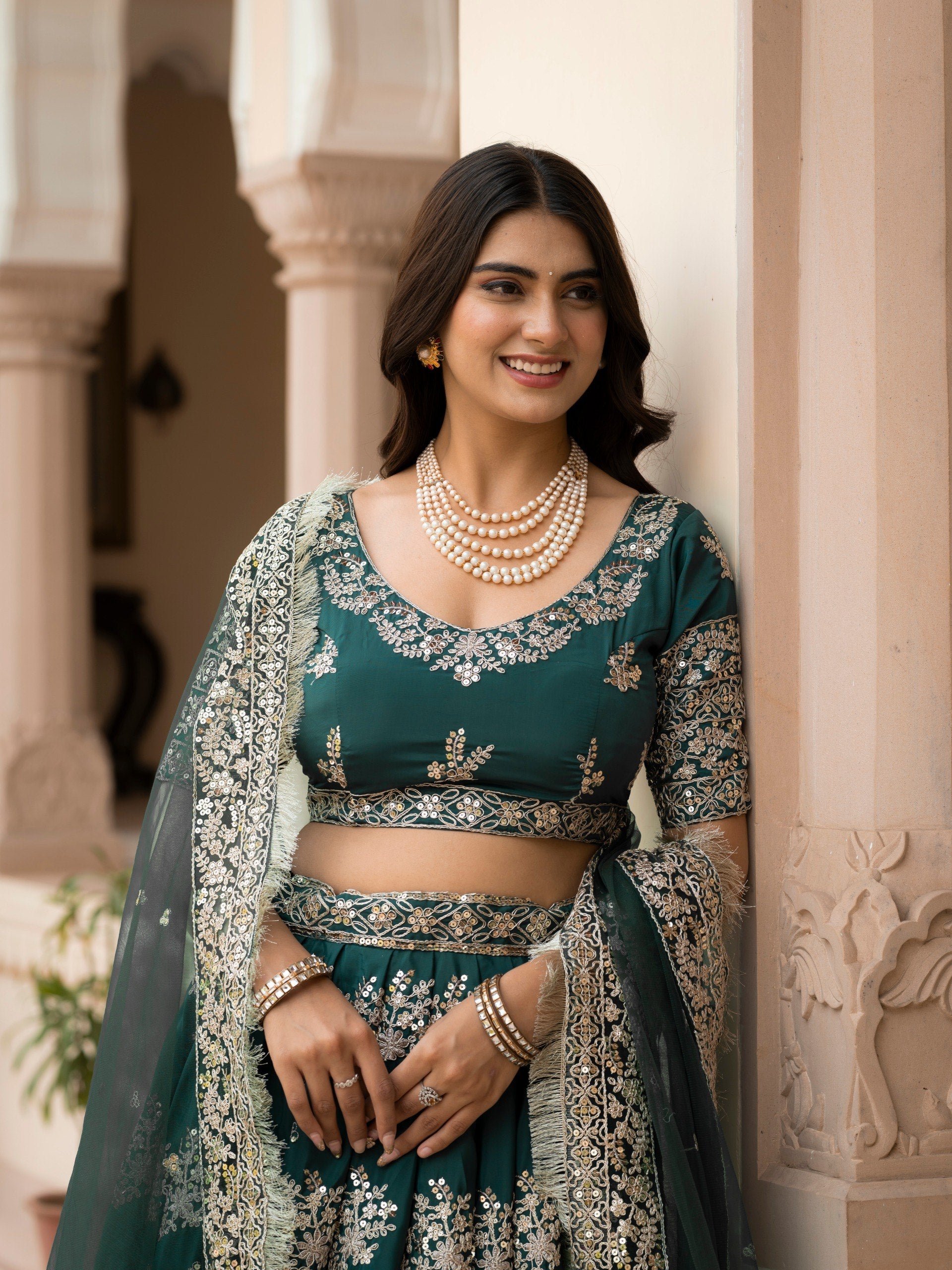 Emerald Dark Green French Crepe Flared Lehenga Choli Set with Zari, Sequins & Thread Floral Motif Embroidery, Designer Blouse & Embroidered Net Dupatta