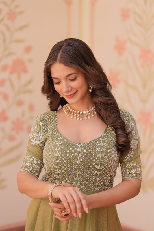 Mehandi Color Fendy With Beads Embroidered Work Gown