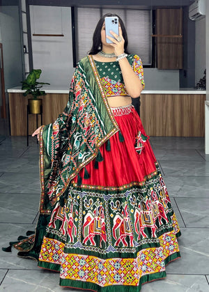 Red green designer Navratri lehenga choli dola silk Patola print
