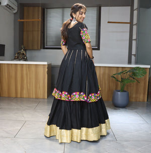 Designer black chaniya choli with multicolor Kutchi medallion patches