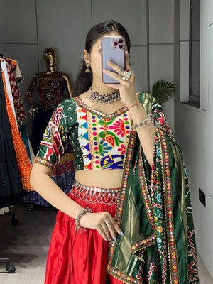 Premium garba lehenga with Gamthi border and paper mirror daaman