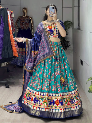 Teal and navy blue designer Navratri lehenga choli dola silk floral
