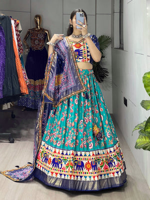 Designer dola silk chaniya choli with blue elephant motif border teal