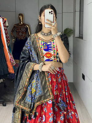 Designer dola silk chaniya choli with blue elephant motif border red