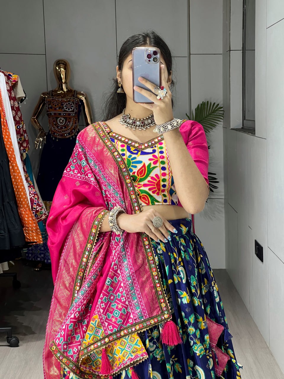Navy Blue & Pink Designer Navratri Lehenga Choli - Dola Silk Floral Print with Traditional Kutchi Work Border