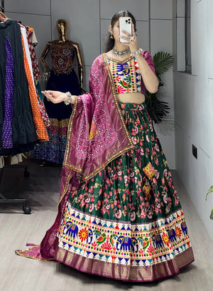 Designer dola silk chaniya choli with elephant peacock motif border