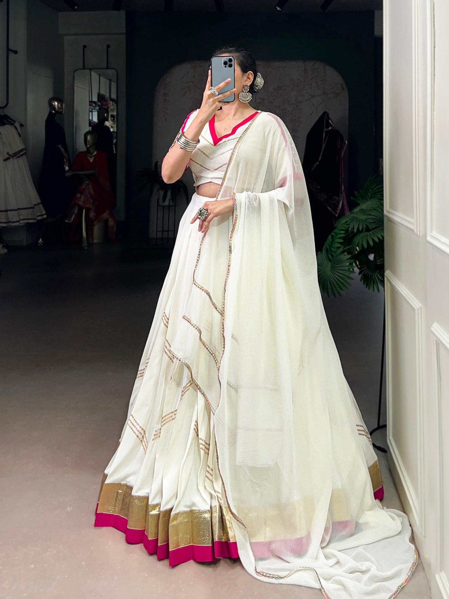 White Pure Rayon Embossed Design Mirror Work Navratri Lehenga Choli