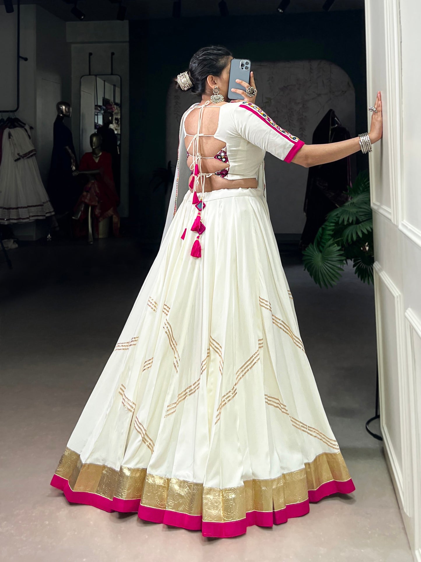 White Pure Rayon Embossed Design Mirror Work Navratri Lehenga Choli