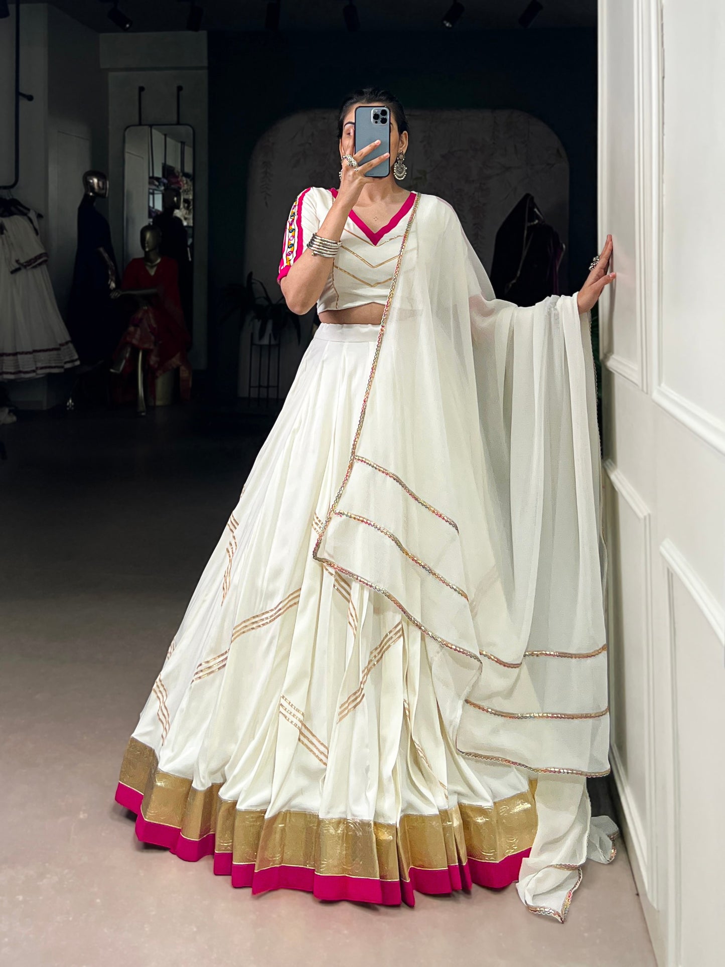 White Pure Rayon Embossed Design Mirror Work Navratri Lehenga Choli