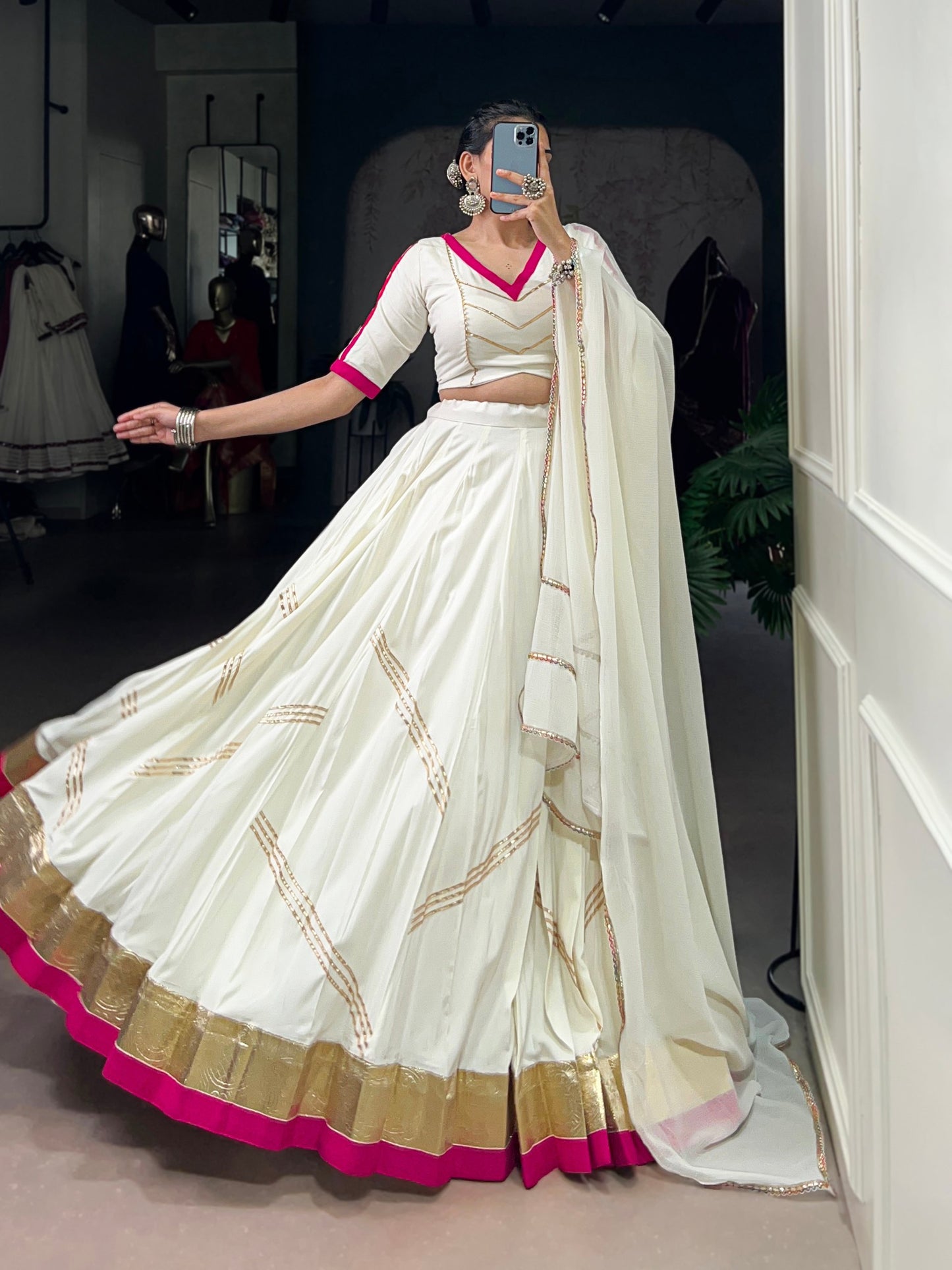 White Pure Rayon Embossed Design Mirror Work Navratri Lehenga Choli