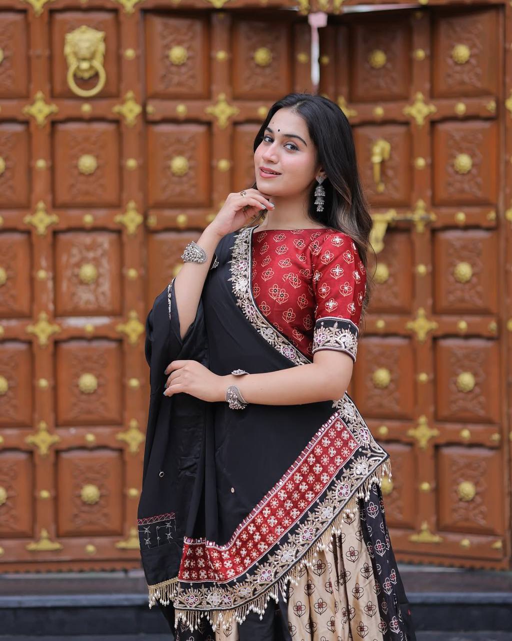 Multicolor Printed Polly Reyon Real Mirror Work Navratri Lehenga Choli