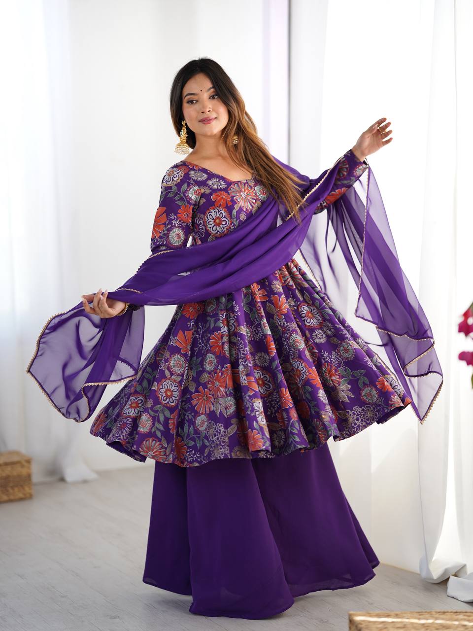 Purple Chanderi Discharge Print Fabric Fancy Lace Work Palazzo Suit Set
