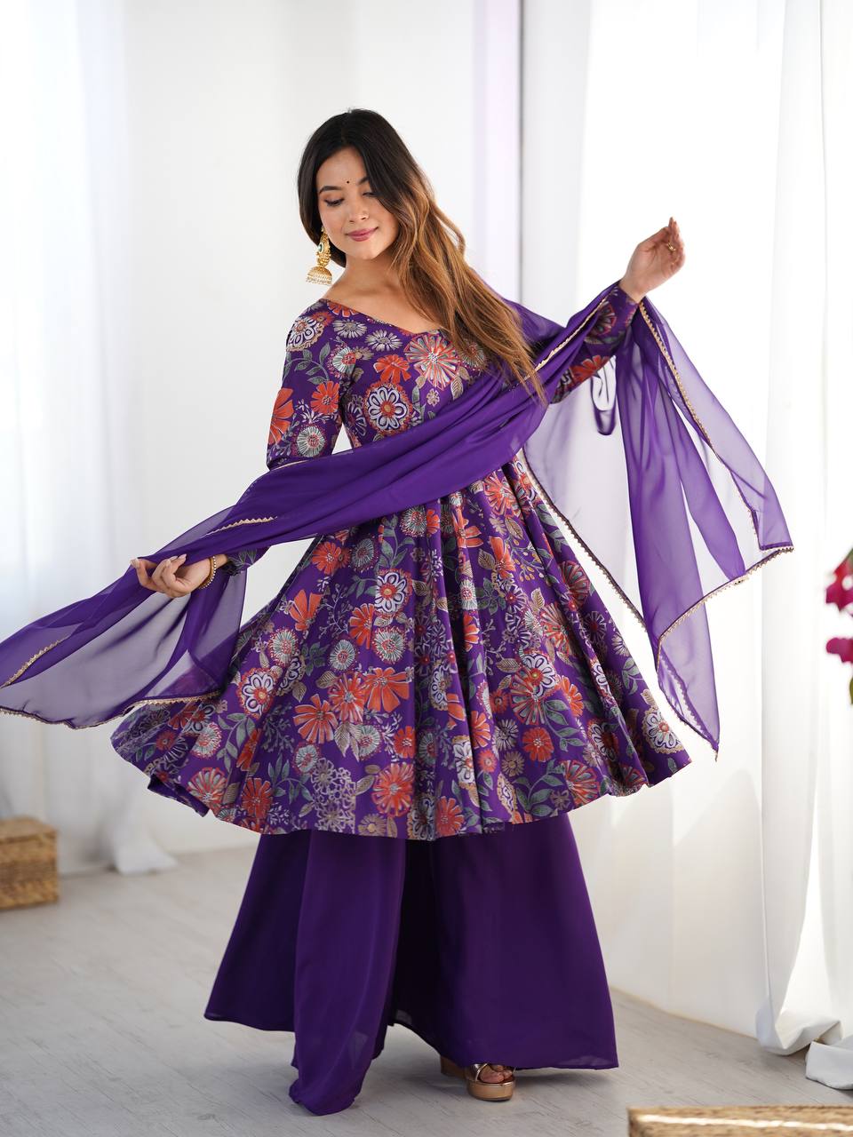 Purple Chanderi Discharge Print Fabric Fancy Lace Work Palazzo Suit Set